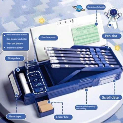 Image of Storio Space Theme Magnetic Pencil Box for Kids, Space Pencil Box for Boys & Girls, Stationery Box, Buttons Operated Pencil Box for Kids (with Accessories)