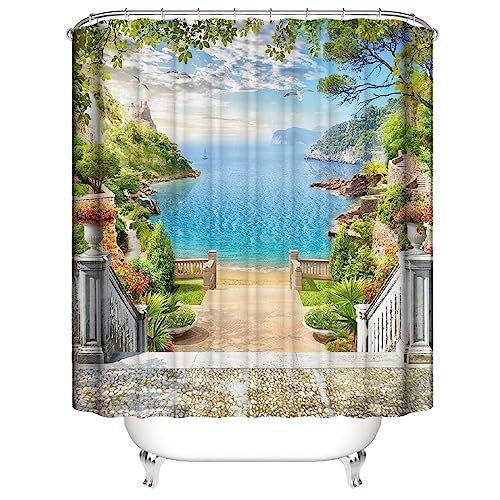 JIANGLANY Outside Balcony Scenery Shower Curtain Garden Hallway Blue Green Image Art Bathroom Decor Natural Waterproof Garden Curtain with Hooks (2, 180x180cm) - Image 2