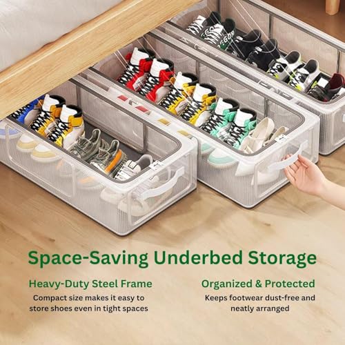 Image of ZEVON Shoe Storage Organizer Set of 2 - Durable Transparent PVC material with Steel Frame, Stackable and Foldable, fit Underbed, Space Saving Design, Top & Side Access
