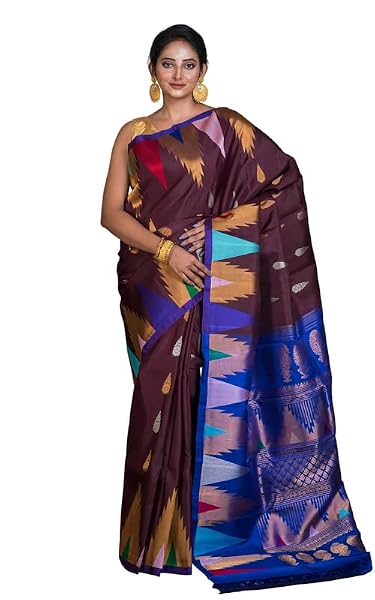Mahapar Gadwal Silk Saree, Dark Wine Royal Blue Golden Multicolored