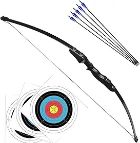 Arco e Flecha Profissional Destro 40lbs Empunhadura de Madeira Preta com 5 Flechas de Ponta de Alumínio Para Treino Arqueria Tiro ao Alvo Caça Pesca