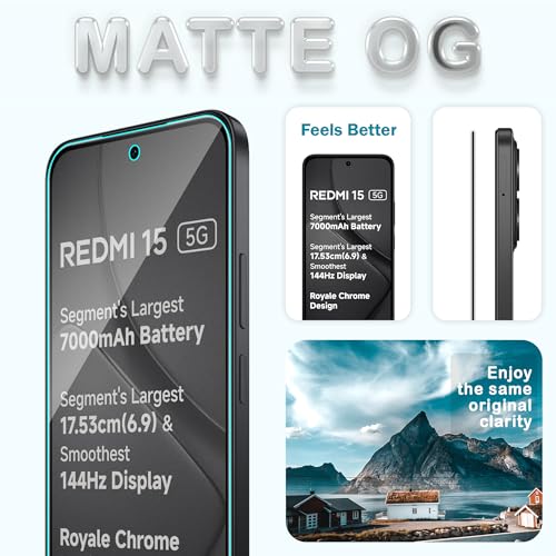 Image of ArmourPro Anti Glare Matte Tempered Glass for 15 and Poco M7 Plus, Anti Fingerprint Screen Protector, 9H Scratch Resistant, Smooth Touch, Easy Installation Kit with Cable Protector