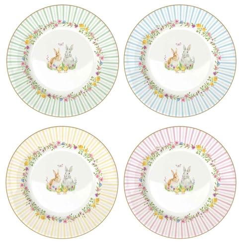 Easy Life Set 4 piatti dessert pasquali in porcellana con conigli "Happy Easter" D19 cm