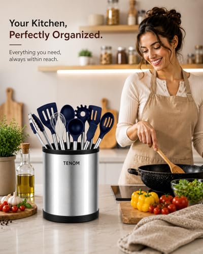 Image of TENOM Spoon Holder, Spoon Stand For Kitchen Steel, Cutlery Stand, Spoon Organiser For Kitchen, Cutlery Holder, Ladle Holder, Spatula Holder (Cylinder)