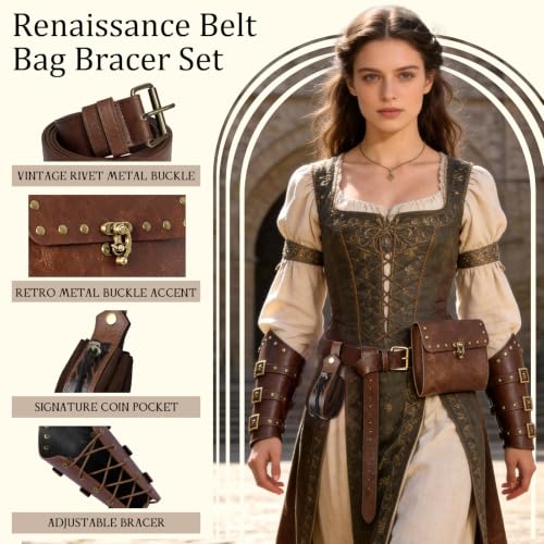 Image of Renaissance Belt Pouch Medieval Viking Leather Bracers Set for LARP