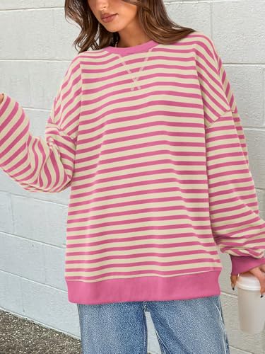 Image of PRETTYGARDEN Womens Striped Oversized Sweatshirt Color Block Crew Neck Long Sleeve Casual Loose Pullover Top Y2K Clothes
