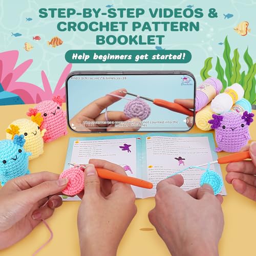Image of Crochetta Crochet Kit for Beginners, Crochet Starter Kit w Step-by-Step Video Tutorials, Beginner Crochet Kit for Adults Kids Women Men Complete Kit Included (4 Mini Axolotls)