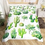 Feelyou Bright Cactus Printed Bedding Set Queen for Girls Boys Green Plants Succulents Bedding Duvet Cover Kids Teen Nature Art Soft Microfiber Bedroom Decorative 3 Piece Comforter Cover Chic