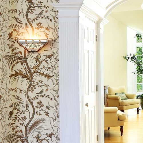Image of Tiffany Wall Sconces with Stained Glass Shade Wall Light Fixtures 12-Inch Vintage Mission Style Blue Branch Sconce Lighting for Hallway Stiarway Bedroom Living Room