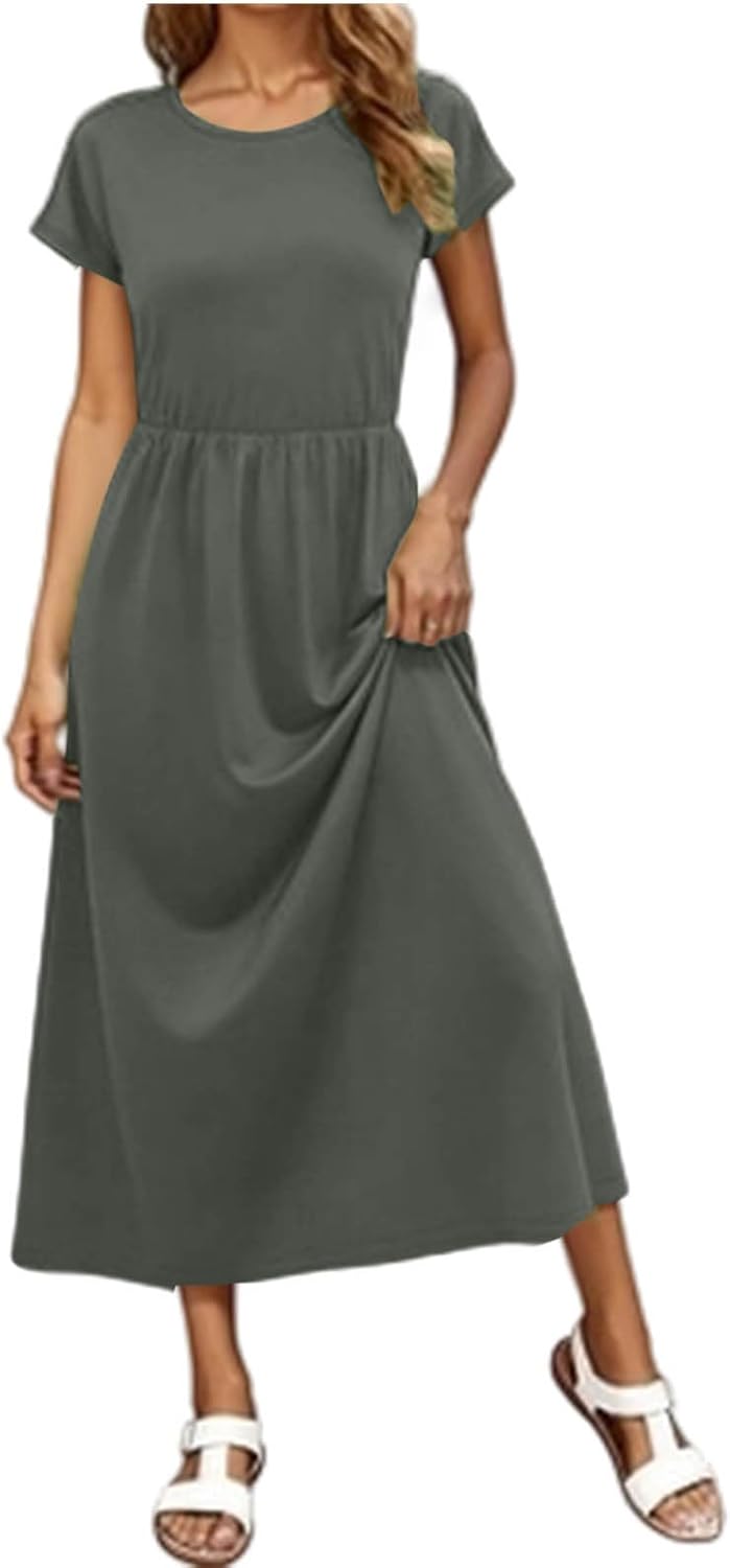 Womens Summer Midi Dress Casual Short Sleeve Round Neck A Line Flowy Beach Vacation Long Dress with Pockets