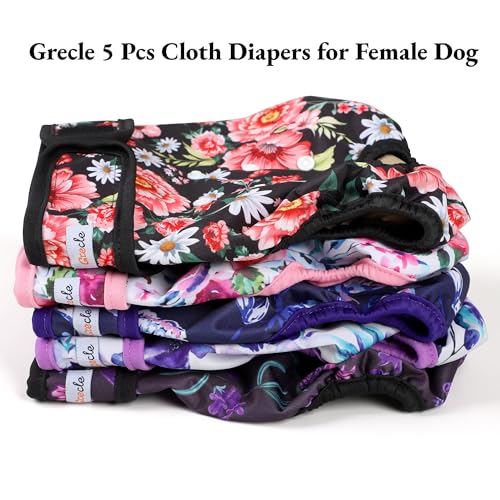 Image of Washable Female Dog Diapers (5 Pack) - Doggie Reusable Large Dog Diapers for Doggy Puppy Female in Period - Highly Absorbent Dog Heat Panties,S Plus,Flowers