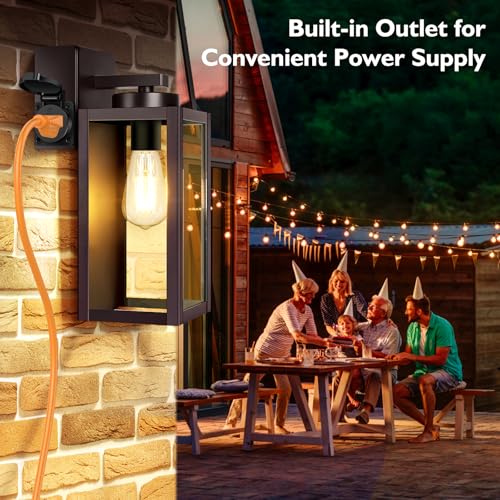 Image of BesLowe Porch Lights with Outlet, Brown Modern Outdoor Wall Light Fixtures | UL-Listed Extra Power Socket, Waterproof, Rust-Resistant, Durable Metal with Clear Glass, Easy to Install