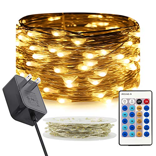 RUICHEN Dimmable Fairy String Lights Plug in 33 Ft 100 LED Silver Wire Firefly Lights with Remote...