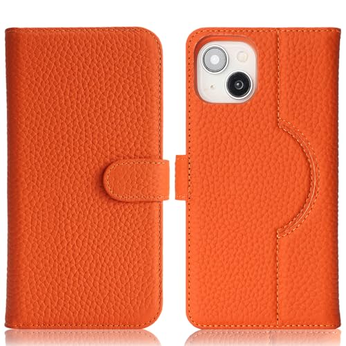 Image of Detachable Genuine Leather Case for iPhone 13 /14 Wallet Case Magnetic 2in1 Removable Flip Cover Book Purse Compatible with Magsafe Charging Kickstand Card Holder-Orange