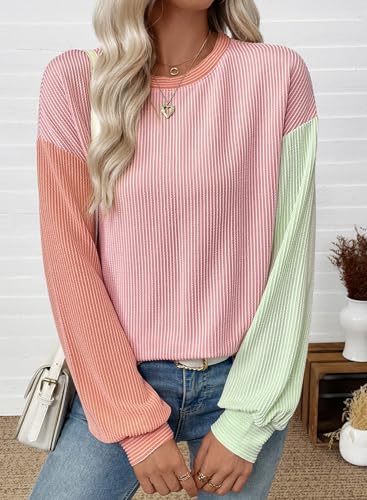 EVALESS Womens Long Sleeve Tops Fall Fashion 2025 Crewneck Color Block Ribbed Knit Casual Loose Fit Pullover Shirts3