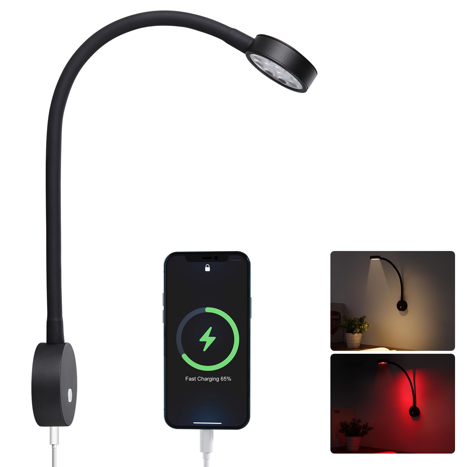 Lampade da Lettura LED 12V Camper Barca con Caricatore USB& Luce Notturna Rossa 254lm Spot da Parete da Comodino, Per Caravan Furgone Van, Dimmerabile 24VDC Flessibile a Collo di Cigno