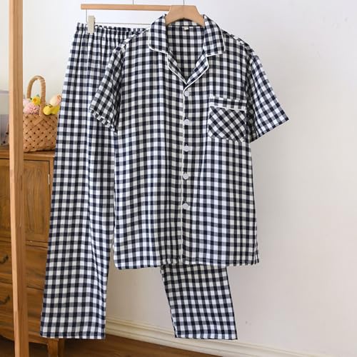 Mens Casual Lightweight Pajama Set Sleepwear Long Sleeve Pj Sets Button Down Lounge Suit Plaid Pajamas Homewear2