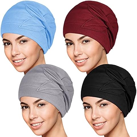 4 Pieces Fleece Chemo Hat Fleece Beanie Cloche Cancer Headwear Cap Ladies Winter Head Coverings Butterfly for Women Cancer Patient Hairloss, Black, Dark Grey, Light Grey and Wine Red, One size Cover