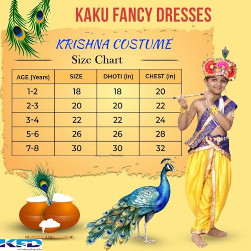Image of Kaku Fancy Dresses Krishna Costume With Dhoti For Boy /Janmashtami /Bal Gopal Dress /Kanha Costume /Bal Krishna /Mythological Costume For Boy - Yellow-Red, 1-2 Years