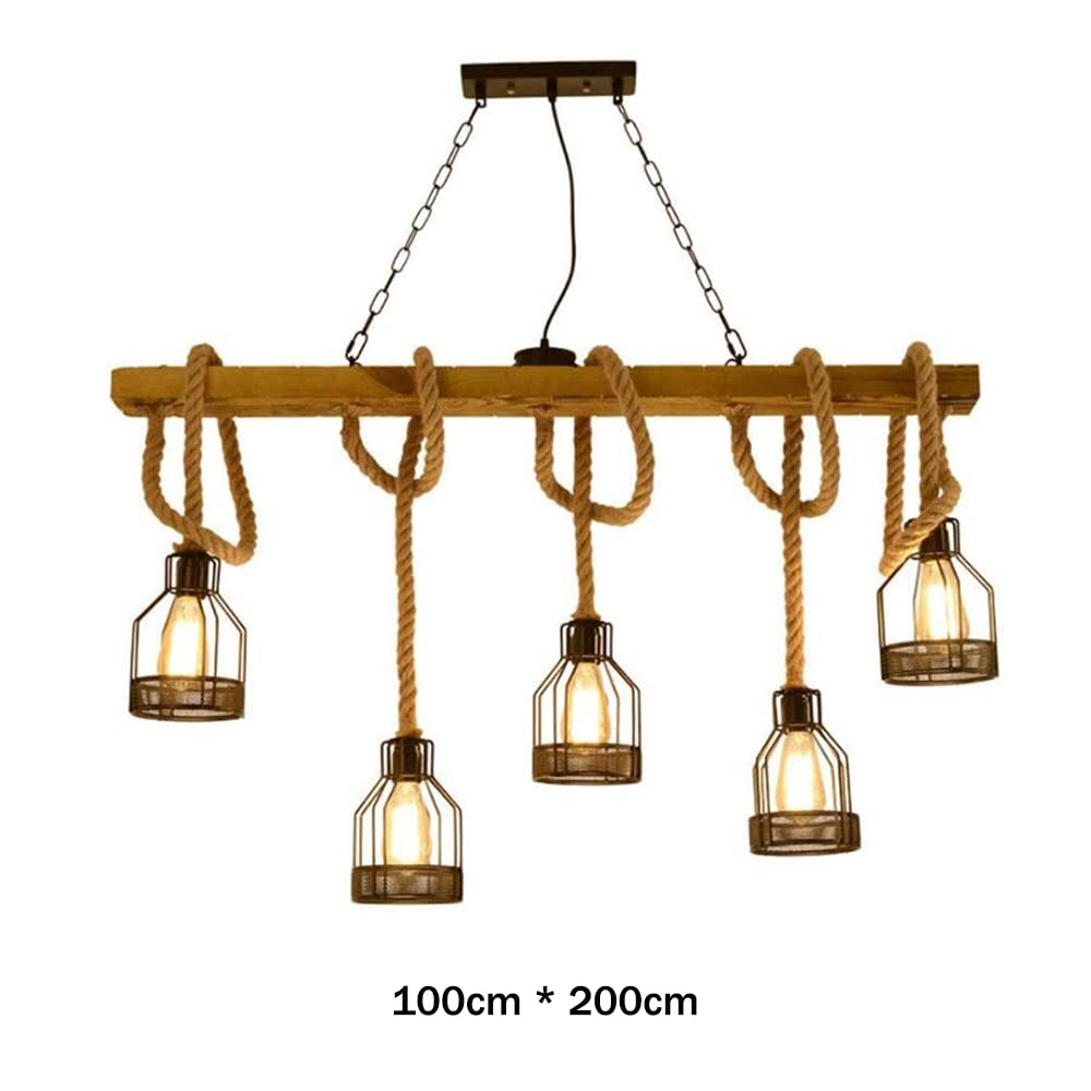 Antyczna drewniana lampa wisząca w stylu retro, lampa wisząca E27 do jadalni, lampa z liny konopnej, przemysłowy metalowy łańcuch, 5-płomieniowa lampa restauracyjna,