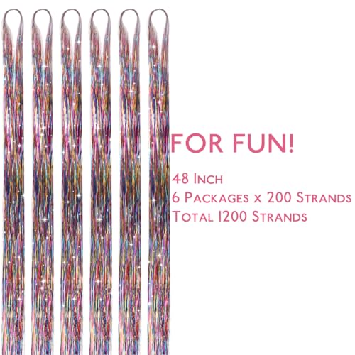Image of WENNALIFE Hair Tinsel for Girls, Mix 3 Colors Fairy Kit 1200 Strands 6PCS 48 Inch Heat Resistant Glitter Tinsel Hair Extensions Kit Christmas Feathers Sparkle Strands