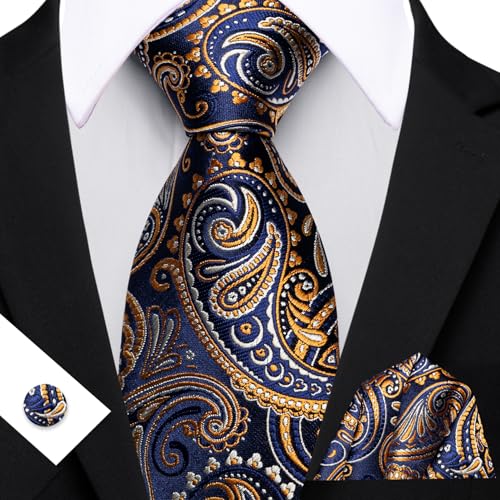 Image of YOHOWA Mens Ties Set Wedding Paisley Neckties with Handkerchief Cufflinks Formal Business