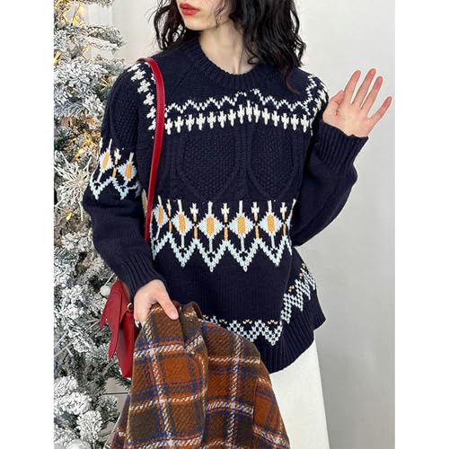 Winter Christmas Holiday Sweater Round Neck Gentle Age-Reducing Fashion Knitted Top - Navy Blue - One Size4
