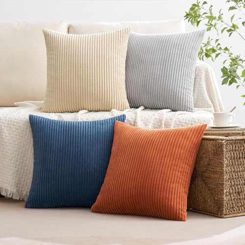 Image of MIULEE Boho Farmhouse Throw Pillow Covers 20x20 Inch Set of 4 Summer Mordern Neutral Cushion Covers Soft Corduroy Nordic Home Decor for Couch Bed Sofa Living Room Blue-Yellow