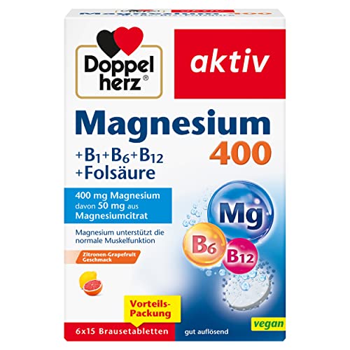 Doppelherz Magnesium 400 + B1 + B6 + B12 + Folsäure Magnesium als Beitrag für die normale Muskelfunktion 6 x 15 Brausetabletten (Vorteilspackung)