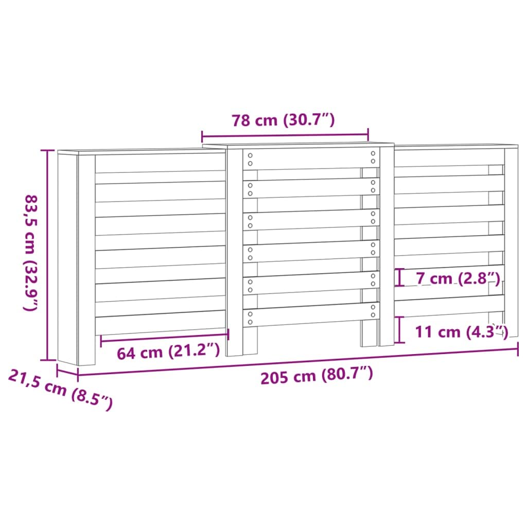 Revestimiento para radiador Sonoma gris de madera 205 x 21,5 x 83,5 cm con estante, diseño de lamas, práctico soporte de pared, cubierta adecuada para salón, baño y cocina