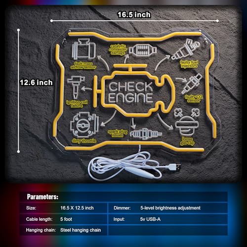 Image of Check Engine Light Neon Sign, Check Engine Light Commen Causes Issues List Decor for Man Cave Decor, LED Garage Wall Art, Funny Gifts for Car Guys & Dad, Auto Repair Shop Mechanics Workshop Sign, USB Powered,16.5x12.5in Inch