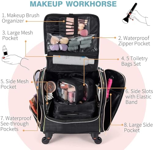 Image of SHAMAX Professional Rolling Makeup Case, Cosmetic Organizer Bag, Manicure Pedicure Vanity Locks, Trolley for Hairdressers, Salons, Beauty Lovers, MUA 360 Universal Wheels (Y29)