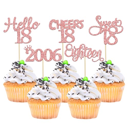 Gyufise 30 Pack Rose Gold Glitter 18th Birthday Cupcake Toppers Hello Sweet 18 Sixteen Since 2006 Cupcake Picks for Cheers to 18th Birthday Party Cake Decorations Supplies