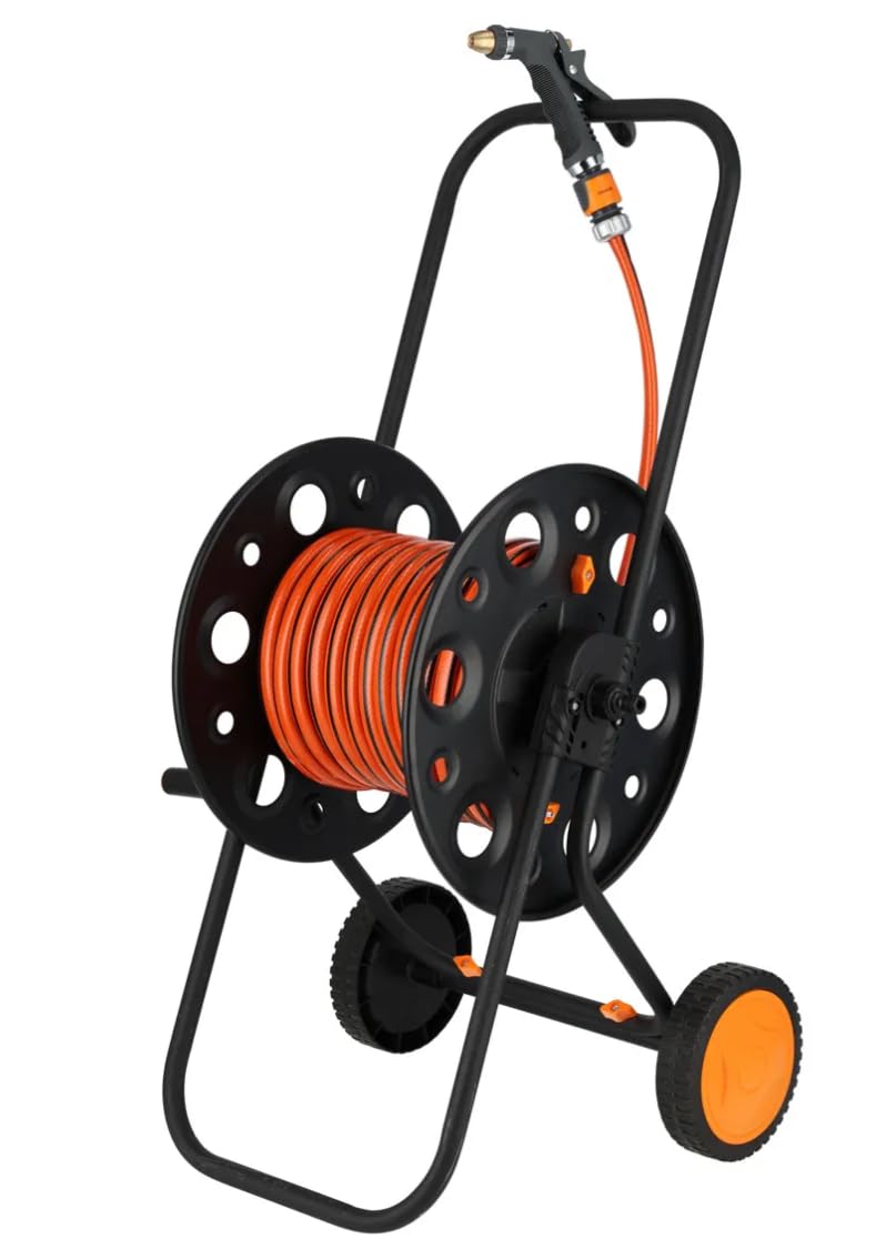 Carro Manguera Jardín - Accesorios Manguera Jardín - 25 m 1/2 Pulgada, Pistola de Riego de Latón, Conectores Rápidos Metálicos, Enrollador Manual, Capacidad Hasta 100 m, Set