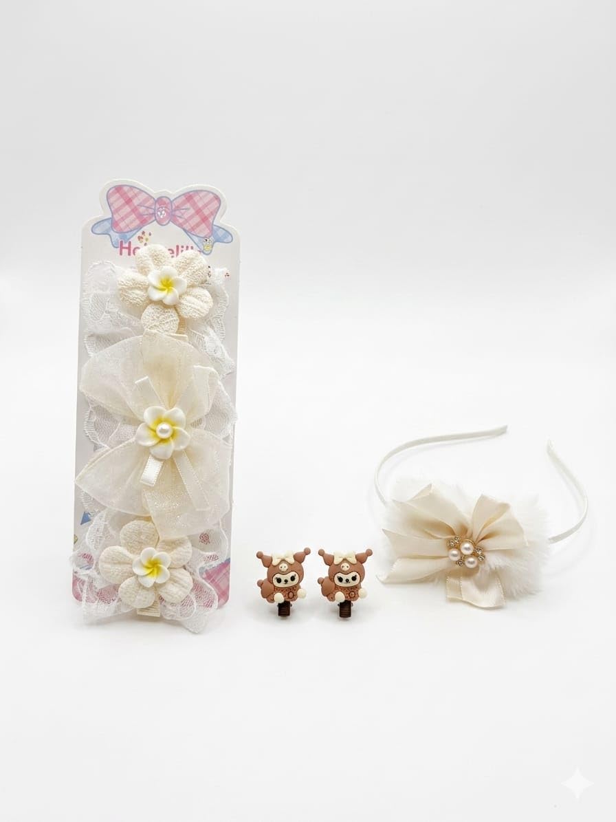 Aura Girls Hair Accessories Combo Set | Bow Headband, Teddy Bear Hair Clips & Lace Bow Clip | Cute Hair Accessories for Baby Girls, Kids & Toddlers | Birthday Gift (Brown)(Pack of 3), White-image-17