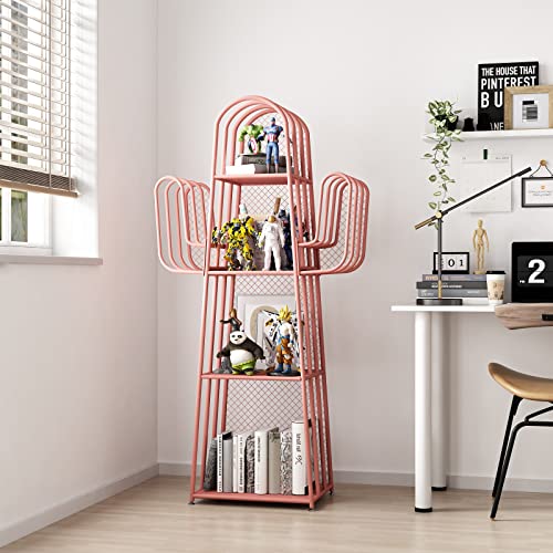 Doorxif 4-Tier Ladder Bookshelves Freestanding, Cactus Bookcase 4 Cube Storage Organizer Closet Metal Display Cabinet, Corner Pink Bookshelf For Small Spaces, Pink Bookcase For Bedroom Office #TOP5