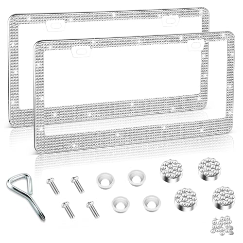 Amiss Bling License Plate Frame for Women, 2Pack Rhinestone Handcrafted Crystal Premium Stainless Steel, Stainless Steel Car Accessories with Diamond Sparkle Glitter Caps (White)