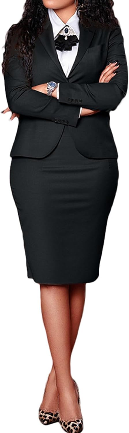 Seltaon Women's 2 Piece Suit Skirt Set Business Office Work Outfit Blazer Jackets Midi Pencil Skirt Suits Plus Size