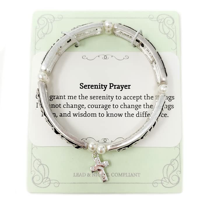 Image of Emulily Serenity Prayer Inspirational Cut out Stretch Bracelet Cross Charm