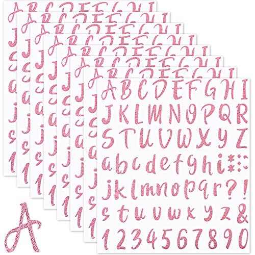 Outus 576 Pieces 8 Sheets Glitter Letters Stickers Self Adhesive Vinyl Letter Alphabet Number Stickers Mailbox Numbers Sticker, Decals for Classroom Decor, Sign, Door (Pink, 1 Inch)