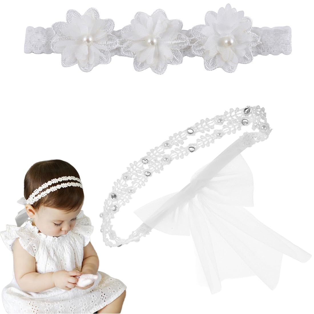 COYUN 2pcs Baby Mädchen Stirnbänder Weiß Dehnbare Stirnband DoppelspitzeSpitzebowknot-Haarband Weich Baby Hairband Nylon Neugeboren Haarschmuck,Für Mädchen mit einem Kopfumfang von 37–48 cm
