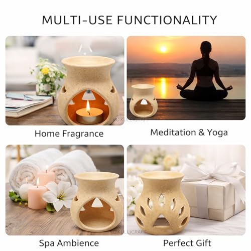 Image of Beige Ceramic Aroma Oil Diffuser Burner | Aromatherapy Essential Oil Burner, Tea Light Candle, Fragrance Diffuser & Wax Melt Burner