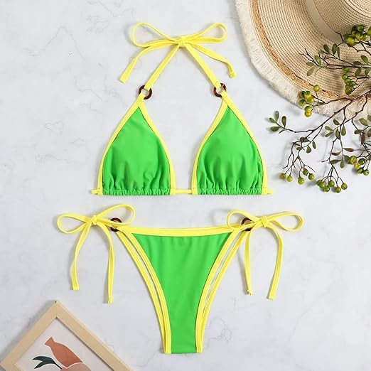fine stitching Women's Swimsuit Contrast Binding Ring Detail Halter Triangle Tie Side Bikini Swimsuit Beachwear-picture-12