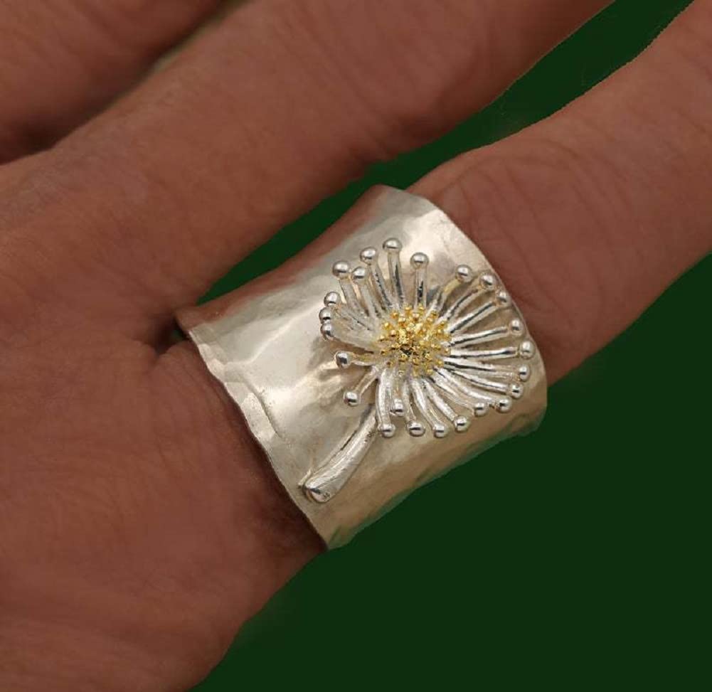 Breite Gänseblümchen-Bänder aus S925-Sterlingsilber, Chrysanthemen-Daumen, blühender Wilder Blumen-Zeigefinger, Daumen-Zeigefinger-Blumen-Statement-Boho-Ring, Schmuck, Geschenk für Sie, Größe L1/2