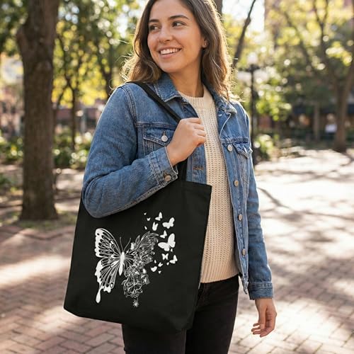 Image of STRUTT Foldable Canvas Tote Bag for Women, Tote Bag for College Girls, 100% Organic Cotton Reusable Shopping Bag for Grocery, Eco-Friendly Multi-Purpose Bag for Travel & Daily Use - White Butterfly