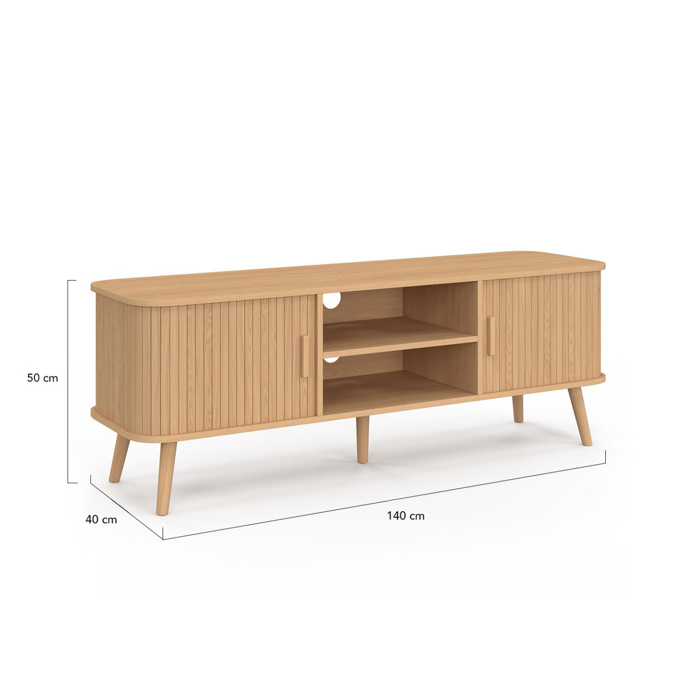 IDMarket - Meuble TV 140 cm Romie 2 Portes coulissantes Lattes tasseau Bois Coloris chêne