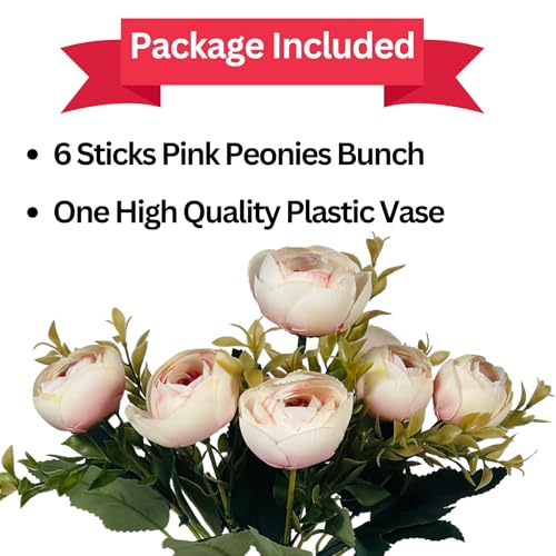 Image of Dekorly Faux Silk,Plastic Artificial Peony Flowers Bunch|White Vase with Flowers Bunch|Artificial Plants for Home Office Hotel Decor|Bedroom Living Room Bathroom Decor (Light Pink,Height : 30CM)