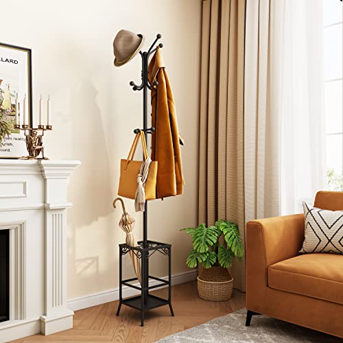 Hoctieon Coat Rack Freestanding,Entryway Coat Hanger Stand,Umbrella Holder,Hall Tree With 12 Hooks,Standing Coat Rack,Floor Standing Metal Umbrella Tree Stand For Jackets,Scarf,Hats,Bags,Necktie,Black #TOP2