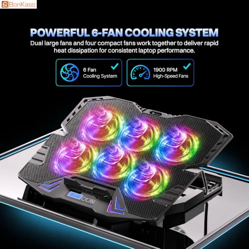 Image of Bonkaso RGB Laptop Cooling Pad for Up to 15.6 Inch Laptops, 6 High-Speed Fans, 1900 RPM, Digital LED Display, 5-Level Height Adjustment, Dual USB, Iron Mesh, Ultra-Quiet