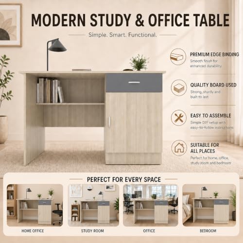 Image of 120x60x75cm Engineered Wood Study & Office Table | 1 Year Warranty | Matte Finish Free Standing Compact Modern Computer Desk with Drawer & Cabinet | Rolex Brown Finish- Moldau Acacia